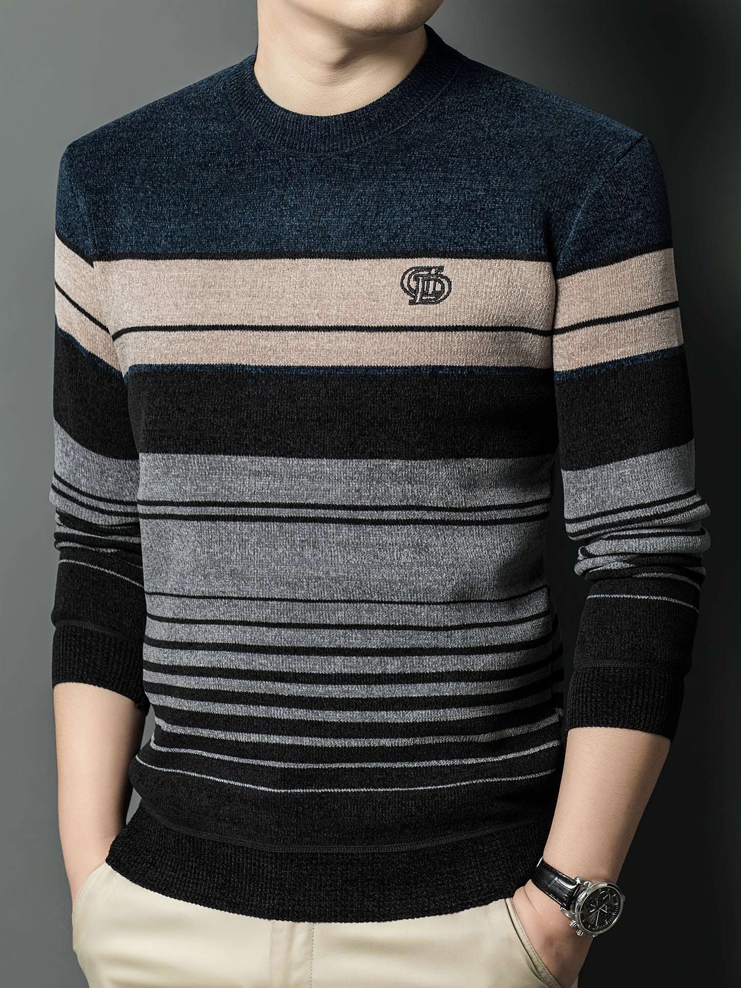Men's Winter Thermal Fleece-Lined Striped Sweater - Thickened Warm Pullover with Embroidered Logo, Casual Round Neck Long Sleeve Knit Top, Machine Washable (Black/Brown/Beige), Cold Weather Apparel, Ribbed Texture, Comfortabl