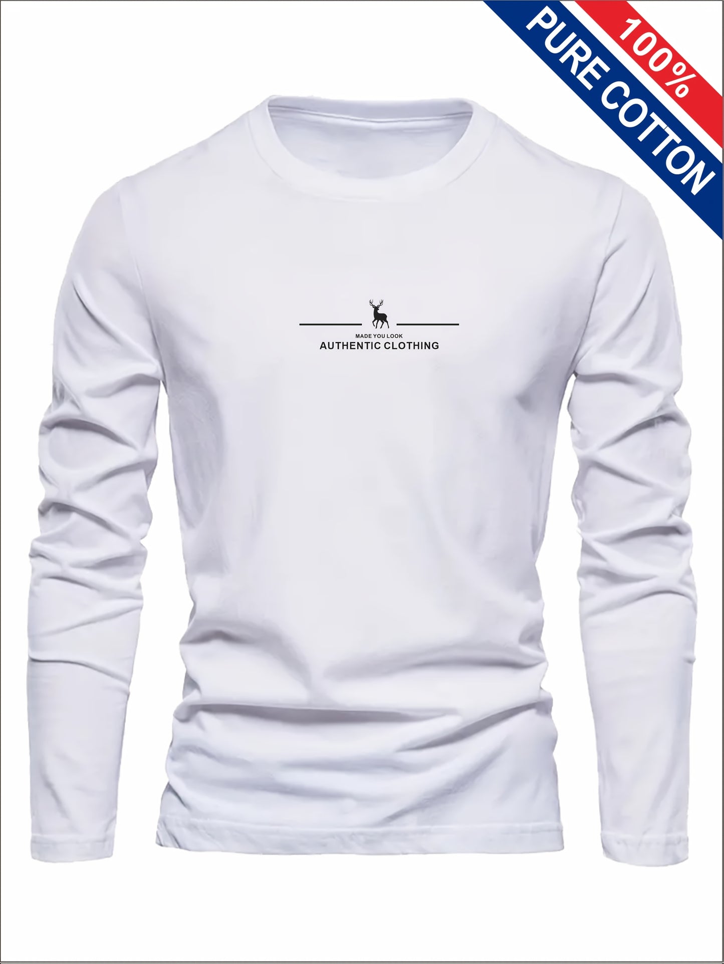 Men's 100% Cotton Long Sleeve T-Shirt - Soft Breathable Casual Round Neck Shirt Suitable for Fall/Winter, Machine Washable Layering Essential for & Social Events - Fabric