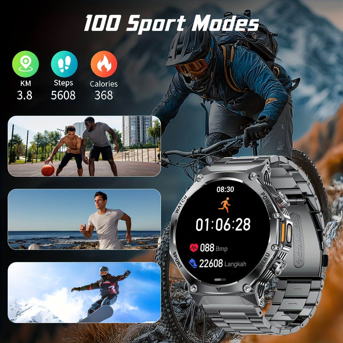 Montre Connectée Homme – Batterie 800 mAh, Écran HD 1,75", 120+ Modes Sport, Lampe Torche, Étanchéité IPX8, Appels Sans Fil, Tracker Fitness – Compatible Android & iPhone