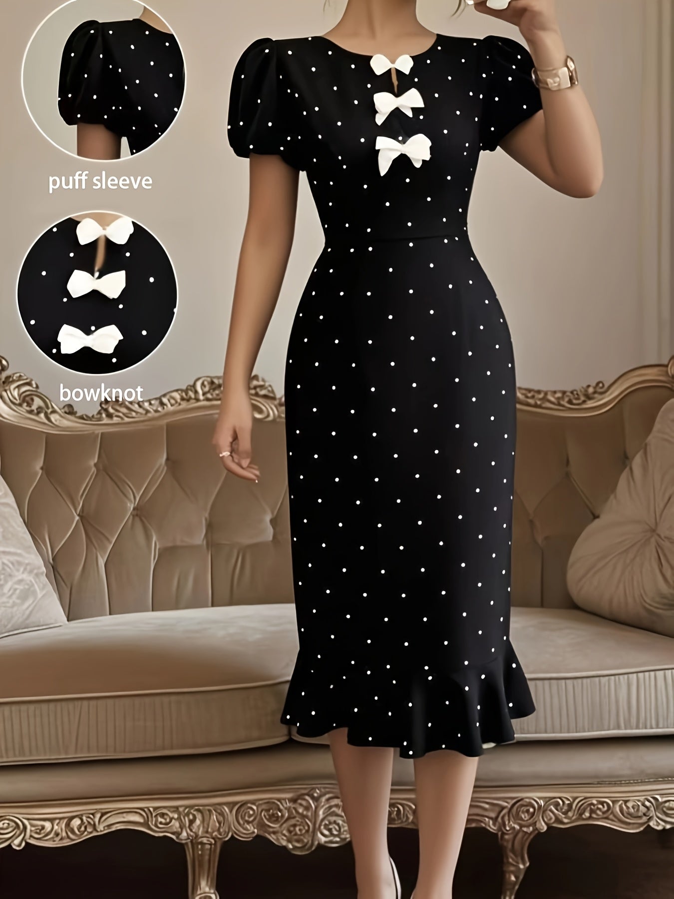 The Elegant Dress with Lantern Sleeves, a Bow, And Ruffled Polka Dot Print Is Perfect for Spring And Summer.