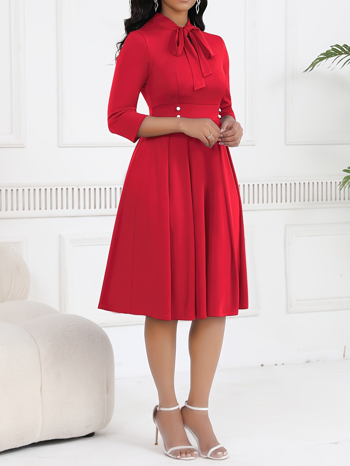 Spring/Autumn Women's Dress with Tie Waist, Elegant and Sophisticated, Business Workplace, Tie-Neck Navy Blue Midi Dress HRYY116