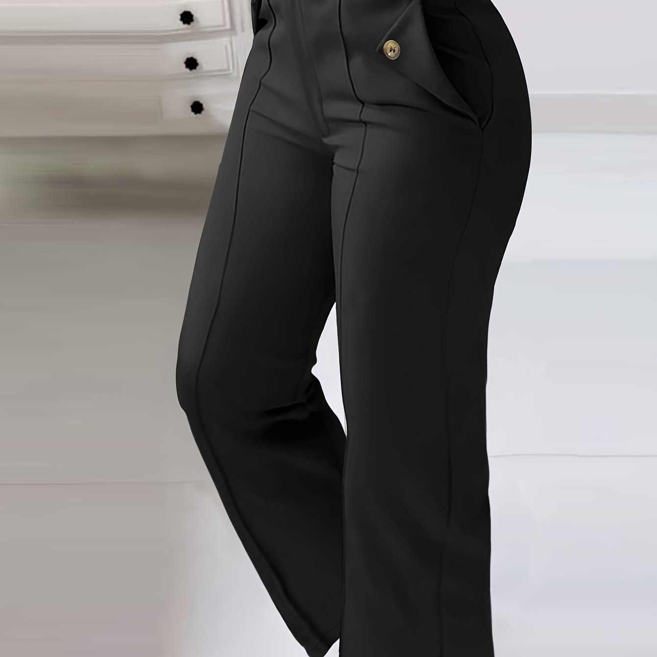 Pantalon Femme Taille Haute Jambe Large – Noir, Ceinture et Poches Obliques, Confortable et Décontracté