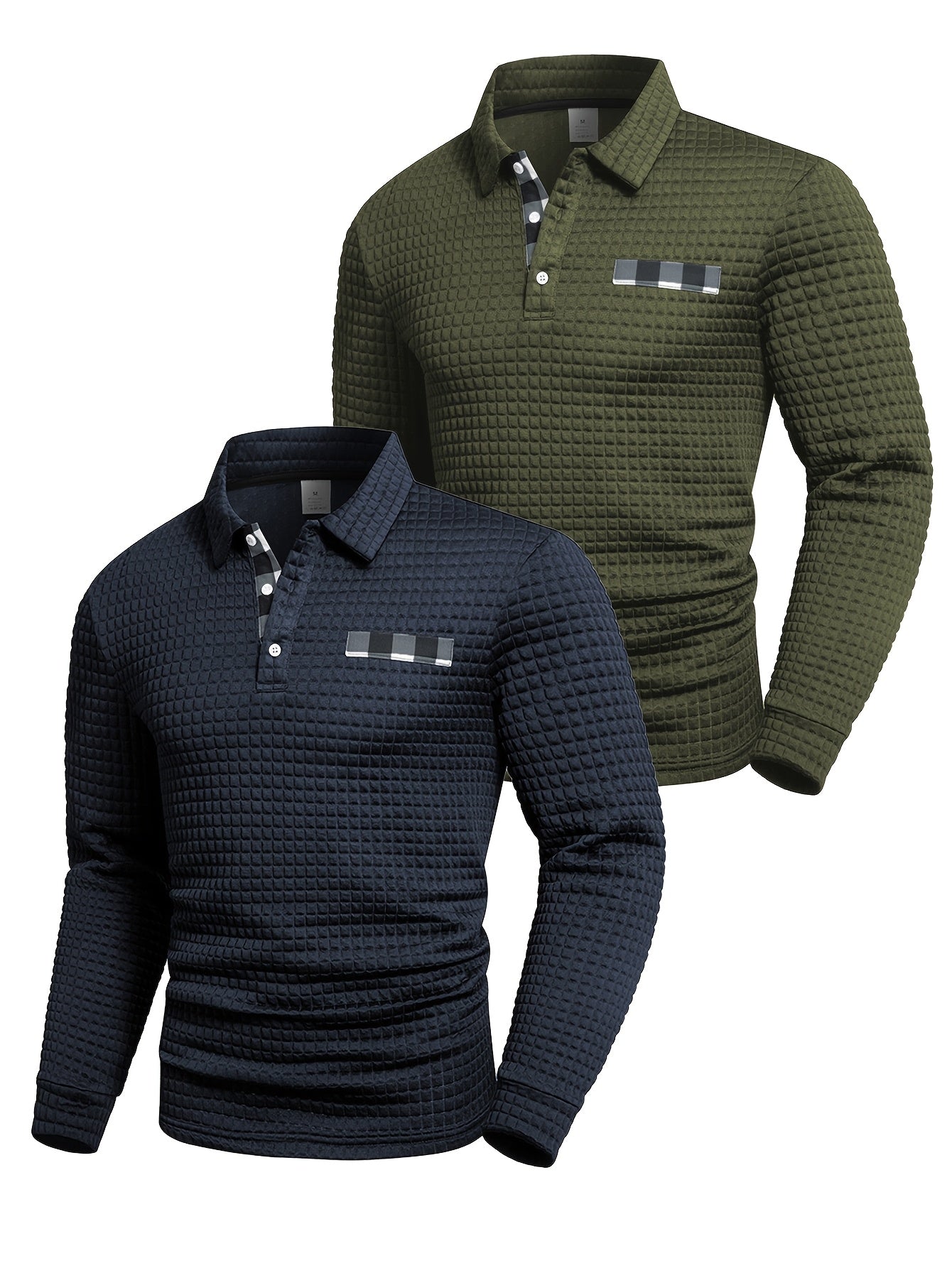 Two Long-Sleeve Polo Shirts with a Digital Print Fabric Featuring a Random Check Pattern, Non-Positioned Plaid Design, Square Check Texture Fabric, Stylish Casual Wear for Everyday Outfits.