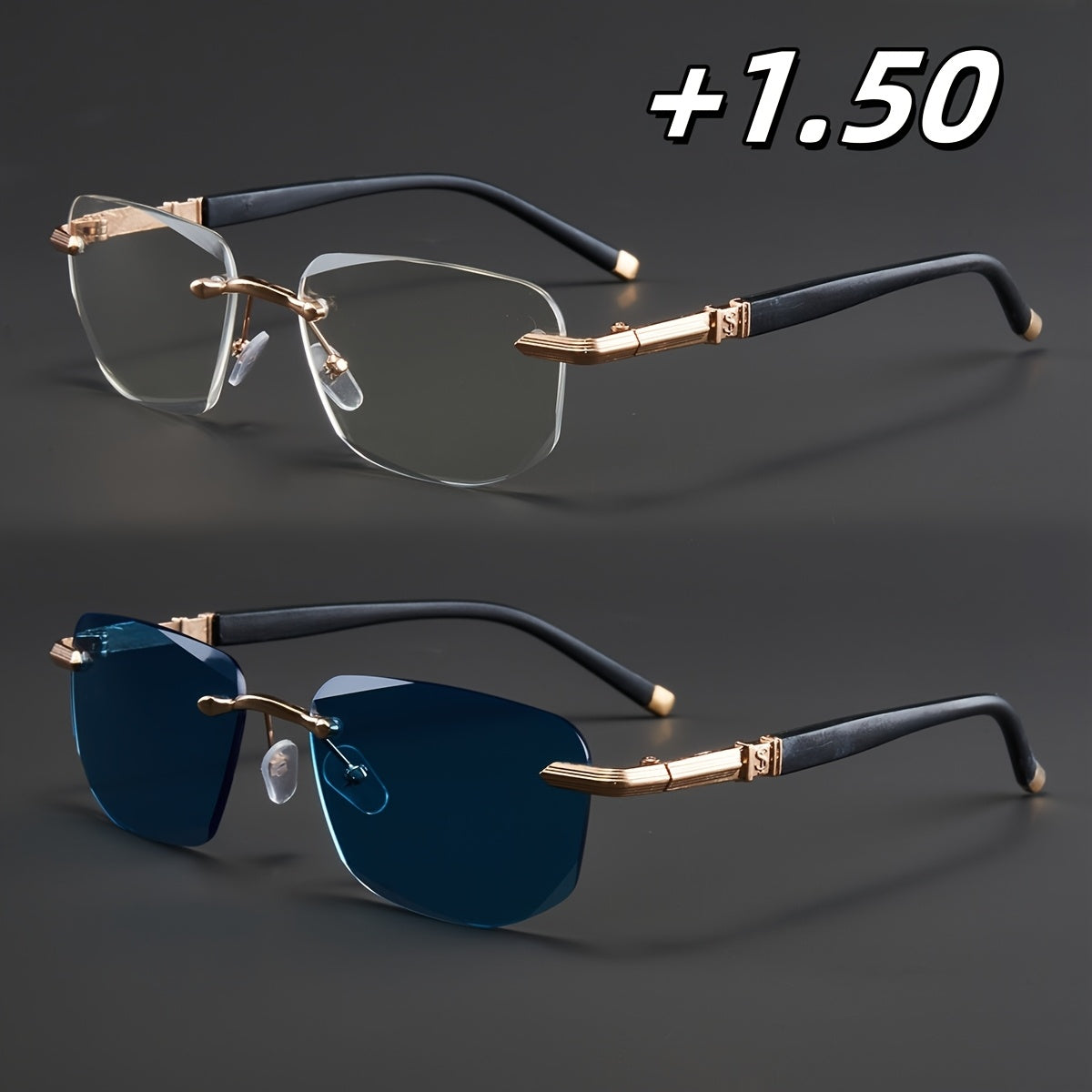 Two Pairs, Bundled Set, Stylish, Men'S, Exquisite, Luxurious, Rimless, Beveled Edge, Reading Glasses, Metal Frame, Options: 100, 150, 200, 250, 300, 350, And 400 Degrees, Without Battery, Christmas Gifts