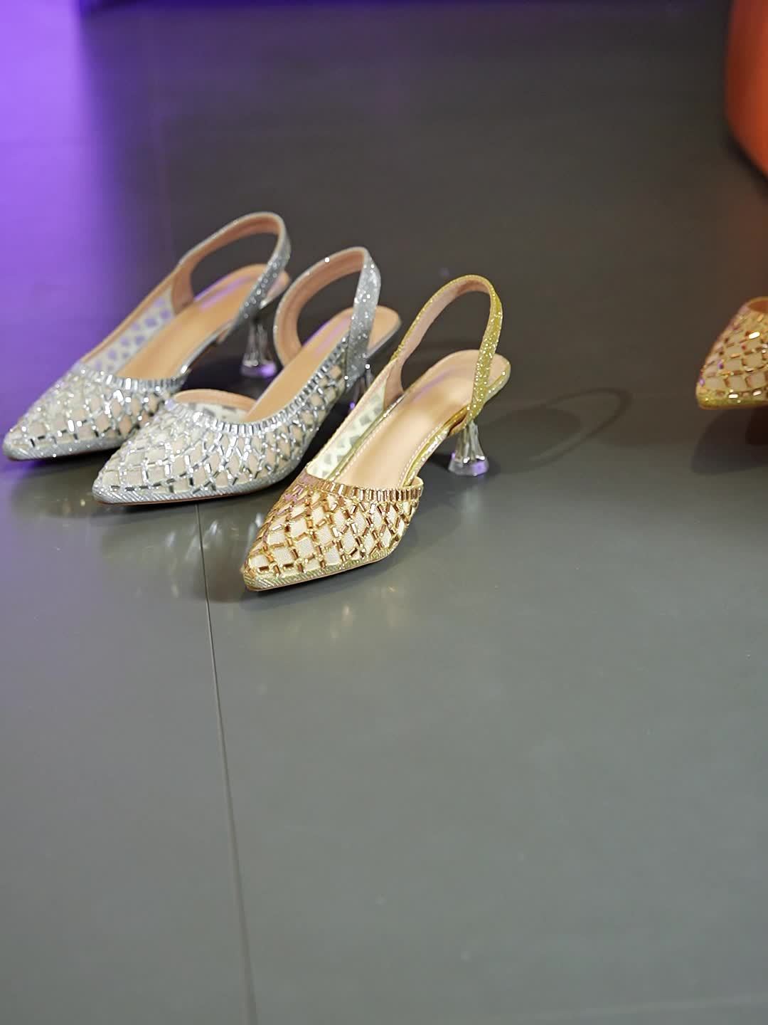 Sandales à Talons Hauts pour Femme avec Strass – Bout Pointu, Bride à la Cheville, Motif Géométrique, Talon Évasé, Revêtement PU
