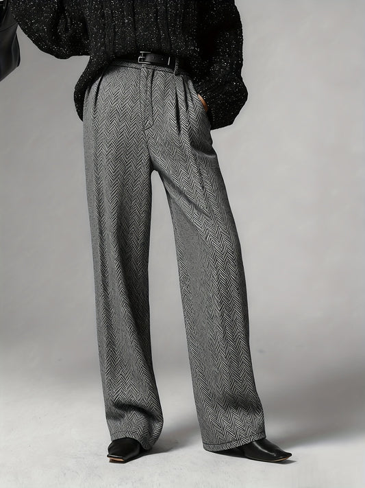 Pantalon Femme Élégant – Motif Géométrique, Coupe Tailleur, Bureau et Semi-Formel, Sans Extensibilité, Tous Saisons