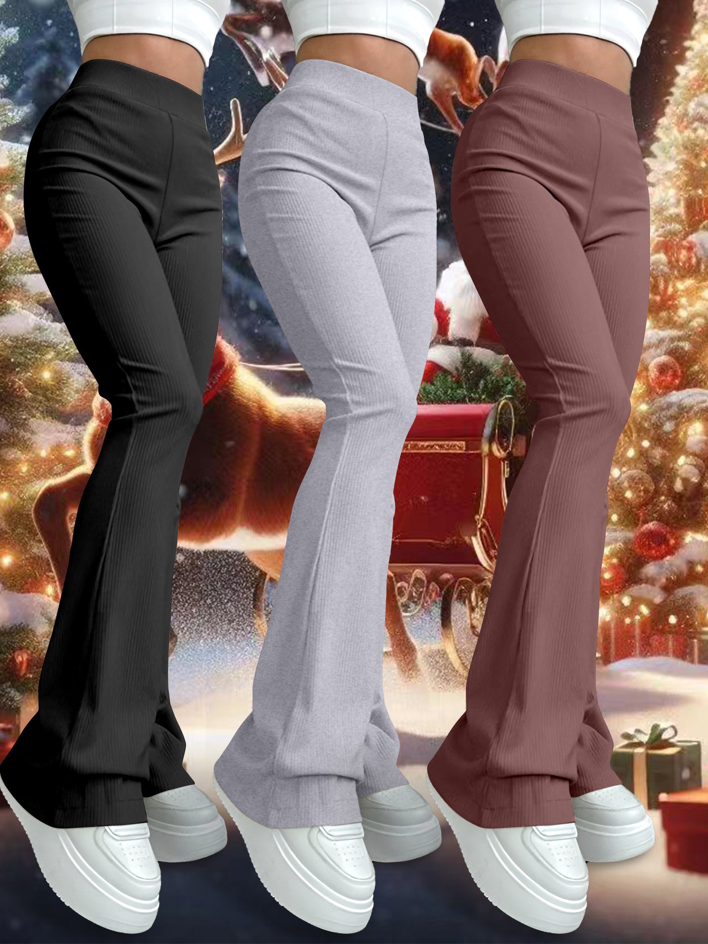 Ensemble Trois-Pièces Femme K11 – Pantalons Taille Haute Évasés, Couleur Unie, Extensibles