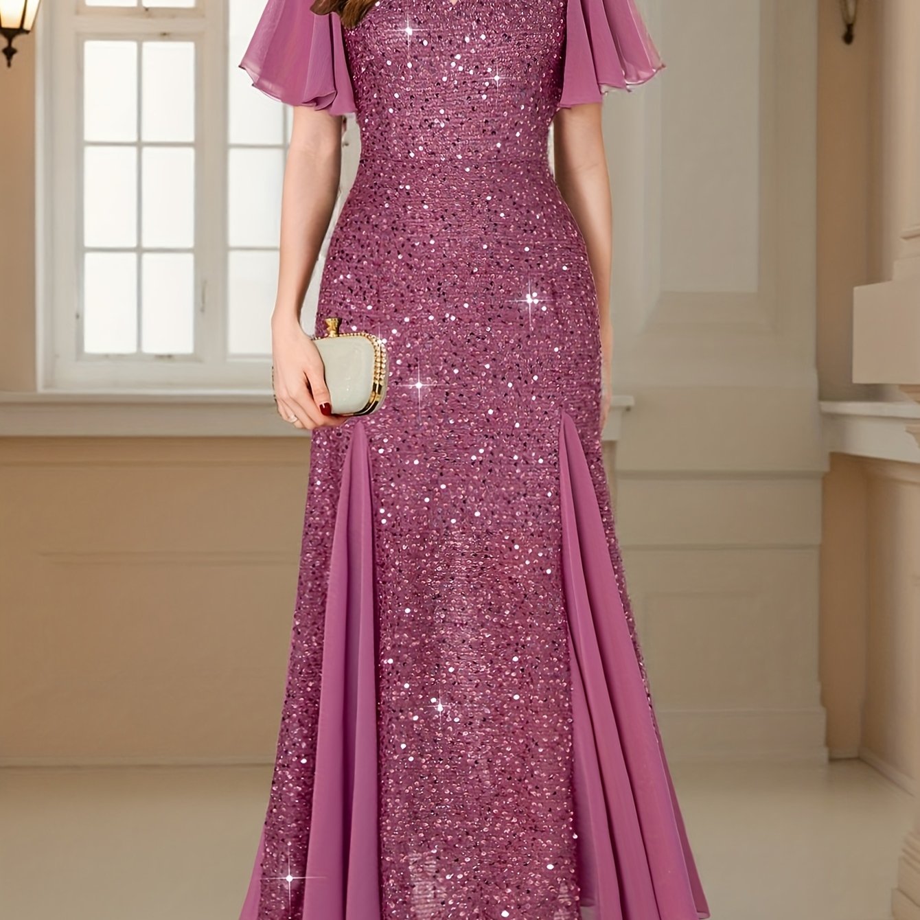 Women'S Elegant Sequin Lace Evening Maxi Dress with Sweetheart Neckline & Ruffle Sleeves - Floor-Length Formal Party Wedding Guest Dress in Navy Red/, All-Season Luxury Bridesmaid Gown for Galas & Special Occasions, Wedding D