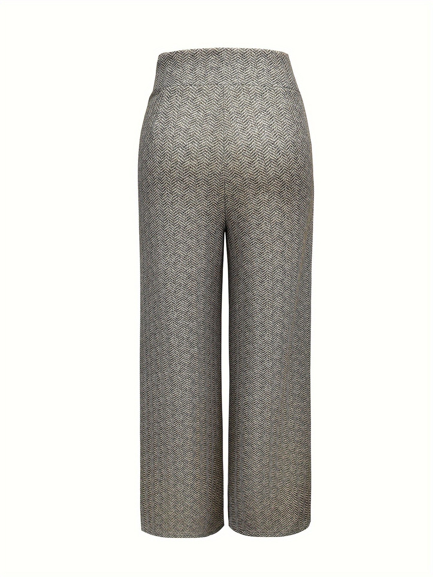 Pantalon Femme Élégant Taille Haute – Jambe Large, Motif Pied-de-Poule, Double Boutonnage, Beige et Noir, Bureau et Décontracté