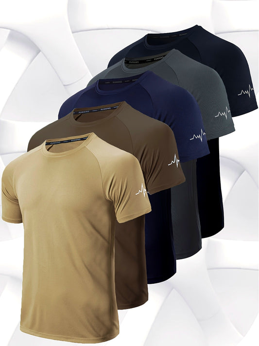 5pcs Pack Men's Breathable Moisture-Wicking Athletic Gym Workout T-Shirts - Solid Color Round Neck Short Sleeve Casual Sportswear Shirts Suitable for All Seasons