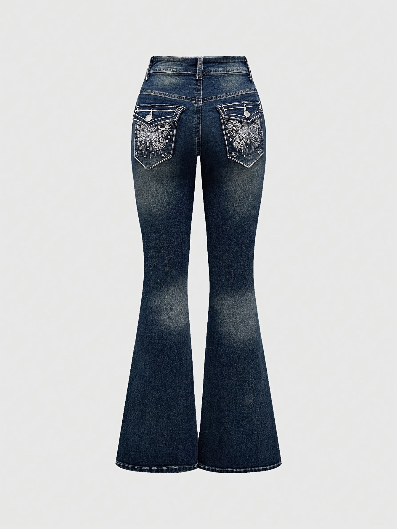 Jeans Femme Évasé Brodé Main Poches Arrière Strass Extensible Toute Saison Élégant Décontracté Lavable Couleur Unie
