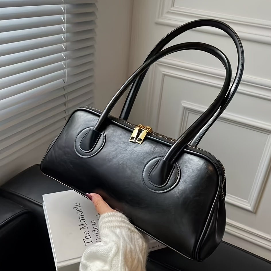 Sac épaule vintage pour femmes – style baguette français chic automne/hiver 2025, doublure polyester, fermeture zippée, marron foncé élégant avec ferrures dorées, polyvalent et sécurisé pour voyages