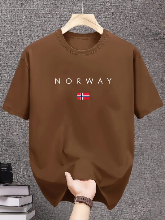 Men'S 100% Casual T-Shirt with Norway Graphic Print, Casual& Sporty, Crew Neck, Summer Fashion Round Neck Tee, for Daily& Weekend Casual Wear, Weekend Attire, Daily Outfit, Sporty Design, Minimalist Style, Lightweight Tee, Br