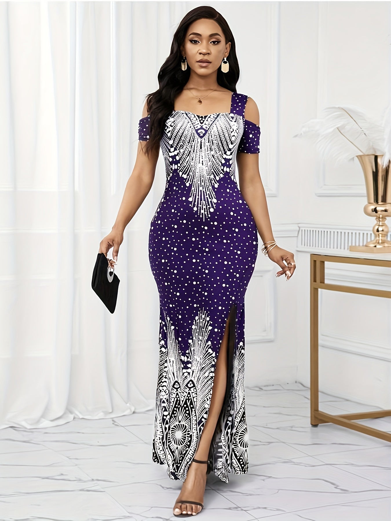 Women's Elegant Paisley Print Square Neck Off-Shoulder Evening Dress - Short Sleeve Bodycon Mermaid with Side Slit & Waist Accent, Machine Washable Summer Formal Party Wear, Evening Event Attire, Stretchy Fabric Gown, Comfort