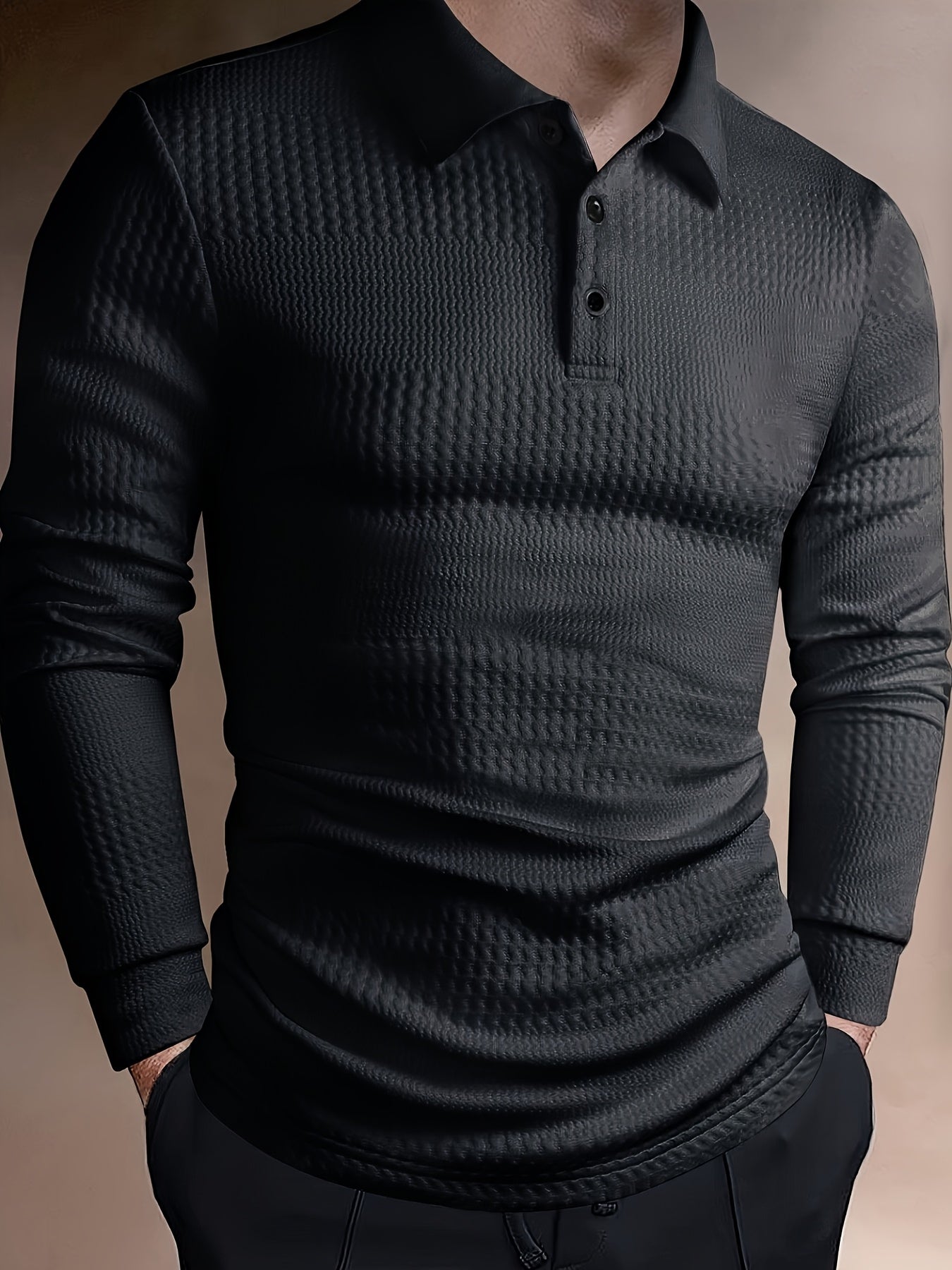 Men's Fashion  Shirt - Long Sleeve, Jacquard Fabric, Vertical Rib Detail, Casual Fitness Style, 100% Polyester, Ideal for Spring and Autumn