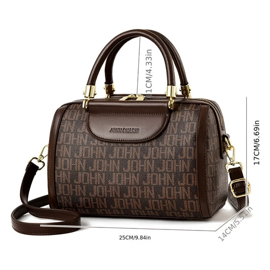 Sac à main synthétique de luxe pour femme – Boston bag marron élégant, hardware doré, bandoulière réglable, intérieur spacieux