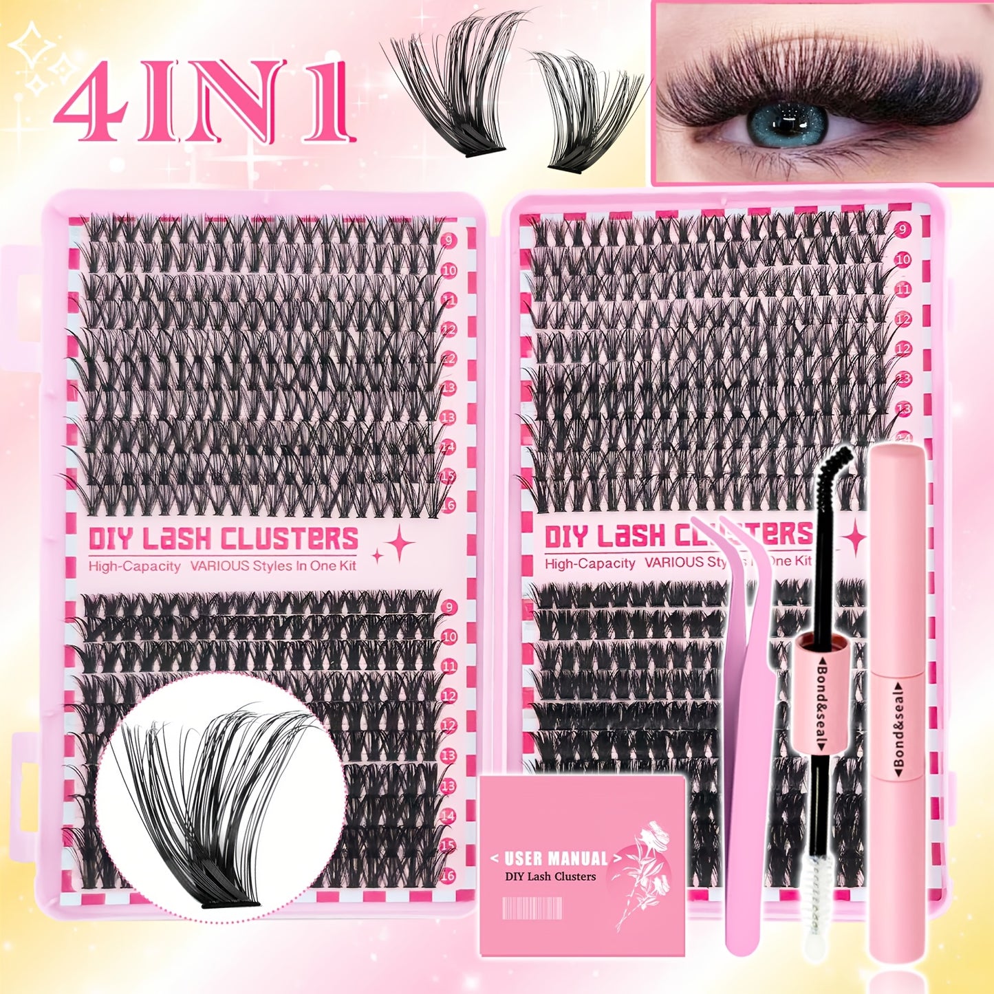 Kit d’Extensions de Cils DIY – 800 Touffes, 30D-80D, Courbure D, Longueurs Mixtes 9-16 mm, Effet Volumineux et Épais Style Cosplay, Réutilisable avec Colle, Idéal Débutants