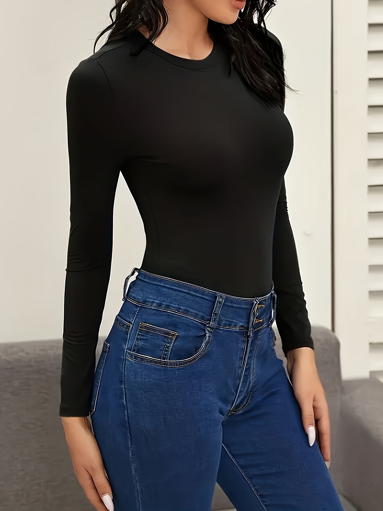 Body femme – col rond, manches longues, extensible et ajusté, combinaison longue