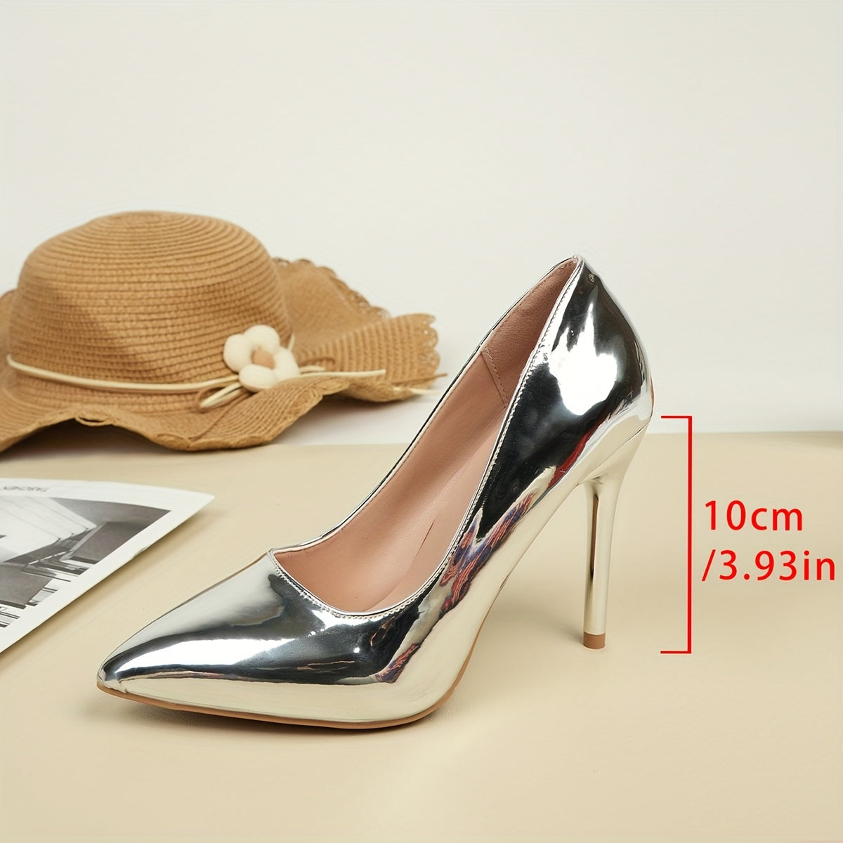 Escarpins Sexy à Talons Aiguilles pour Femme – Talon Ultra-Haut 10,01 cm, Bout Pointu, Couleur Unie, Finition Métallique Argentée ou Dorée, Toutes Saisons, Tige et Doublure en Polyuréthane, Semelle en Caoutchouc, Design Minimaliste