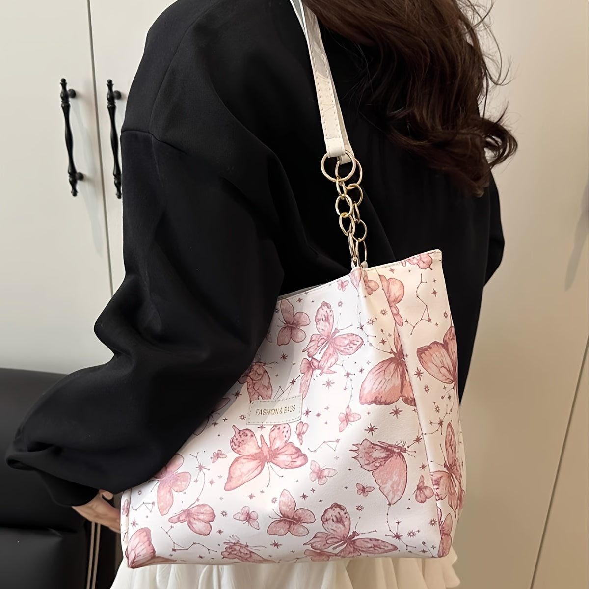Sac Cabas en Toile Chic à Motif Floral et Papillon pour Femmes – Grande Capacité, Fermeture Éclair, Idéal pour Usage Quotidien et Déplacements – Cadeau Stylé pour Elle