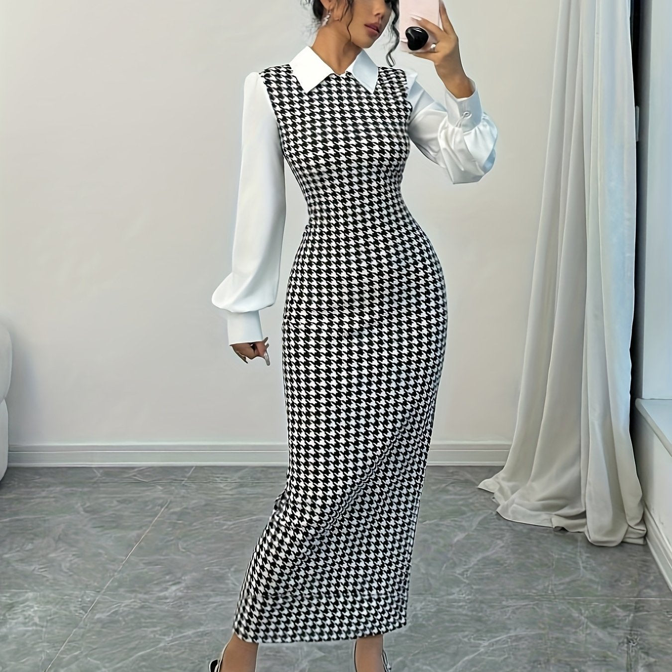 Women's Elegant Houndstooth Maxi Dress with Collar & Piping - Slim-Fit Long Dress, Sleeve, Machine Washable Fabric for Weddings, Parties, Fall Winter Events - Year-Round Wear for short or tall (Matching outfits available)