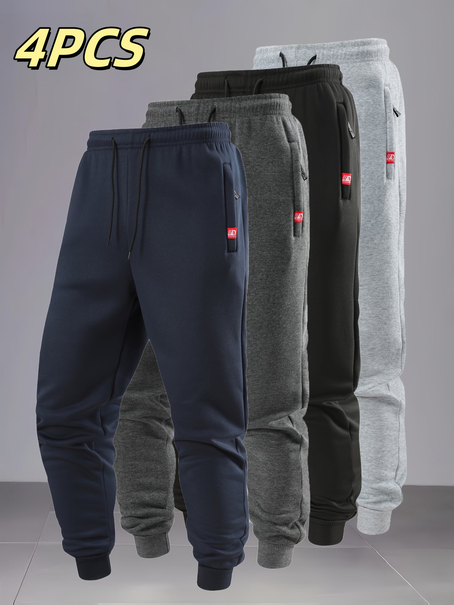 4pcs Pantalons Hiver Homme – Polaire, Cordon, Loose Fit, Outdoor & Casual, Bleu/Gris/Noir