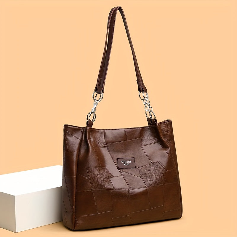 Sac Cabas Femme Élégant – Grande Capacité, Cuir Synthétique Léger, Sac à Main avec Bandoulière Fixe et Fermeture Éclair, Cuir Synthétique à Motif Quadrillé, Idéal pour Travail, Voyage et Déplacements Quotidiens