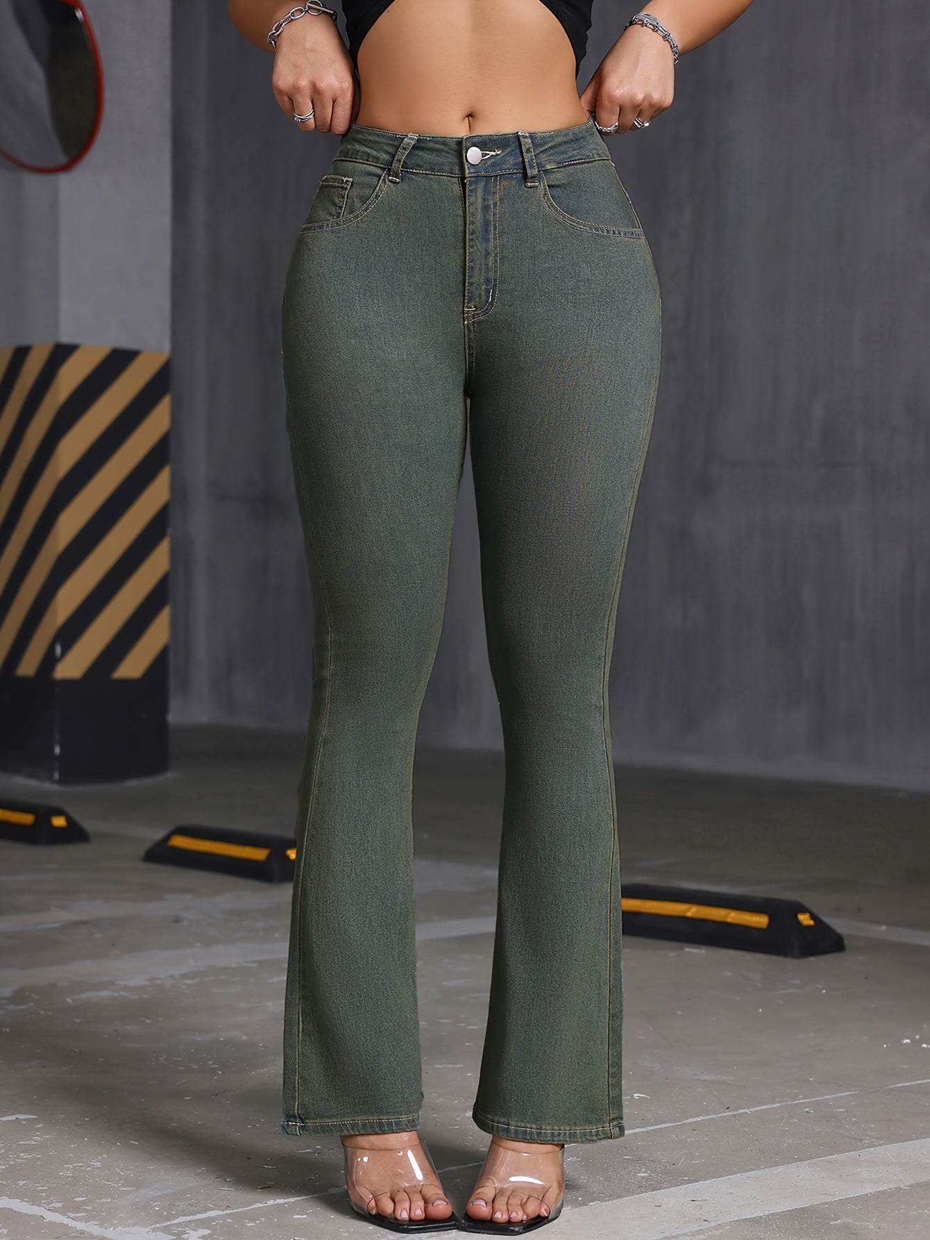 Jean stretch pour femme - Pantalon en denim uni sexy à jambes évasées, avec poches, idéal en toute saison