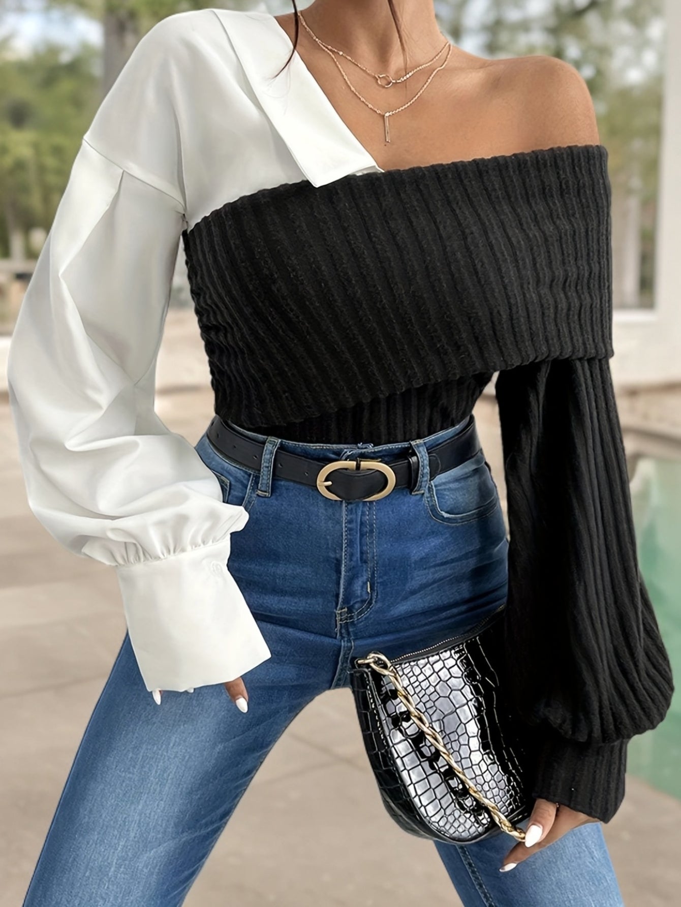 Top élégant à une épaule pour femmes – Patchwork, sans bretelles, mélange polyester/rayon/spandex, casual, automne/hiver