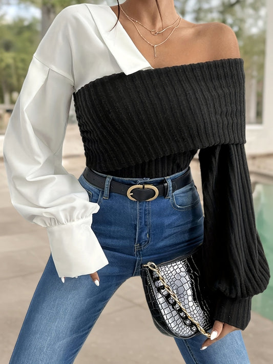 Top élégant à une épaule pour femmes – Patchwork, sans bretelles, mélange polyester/rayon/spandex, casual, automne/hiver