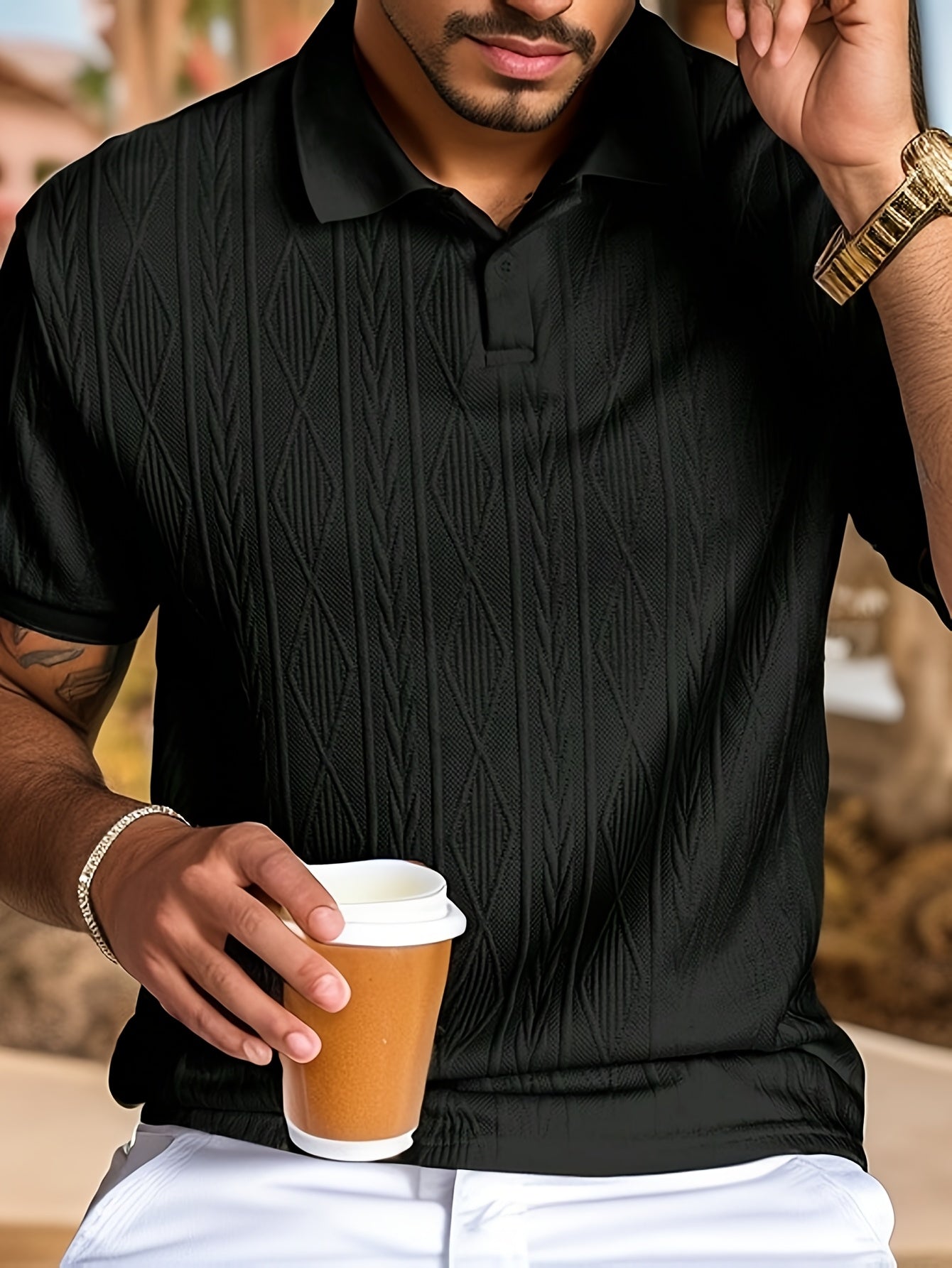 Men'S Casual Black Textured Polo Shirt with "LOVE" Design - Perfect Valentine'S Day Gift for Boyfriend or Husband, Casual Summer Top|Textured Pattern Shirt|Polyester Knit Fabric