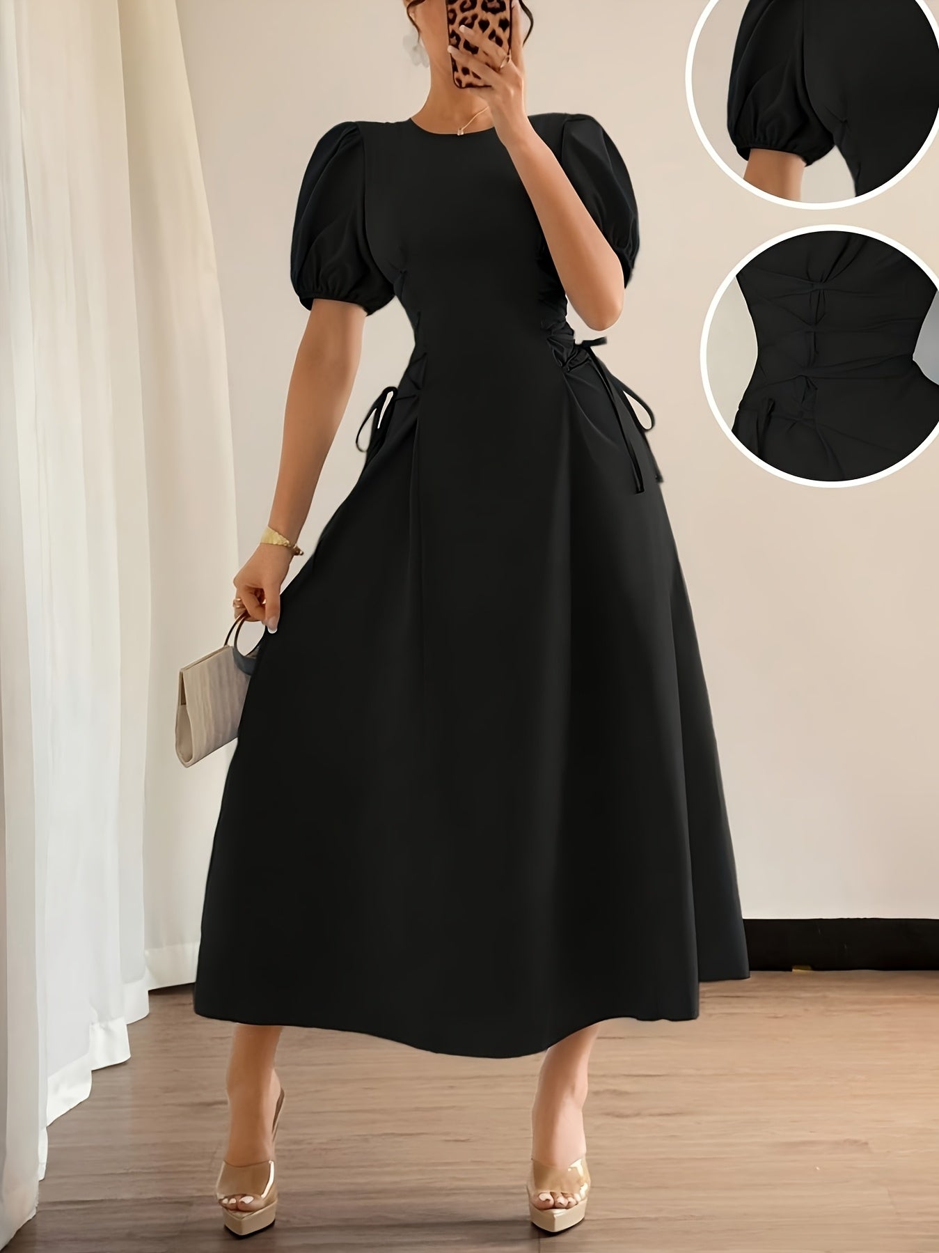 Solid Color Long Dress with Puff Sleeves, Ruffles, and Tie, Suitable for Vacation, Banquet, Party, Formal Wear, and Elegant Dress