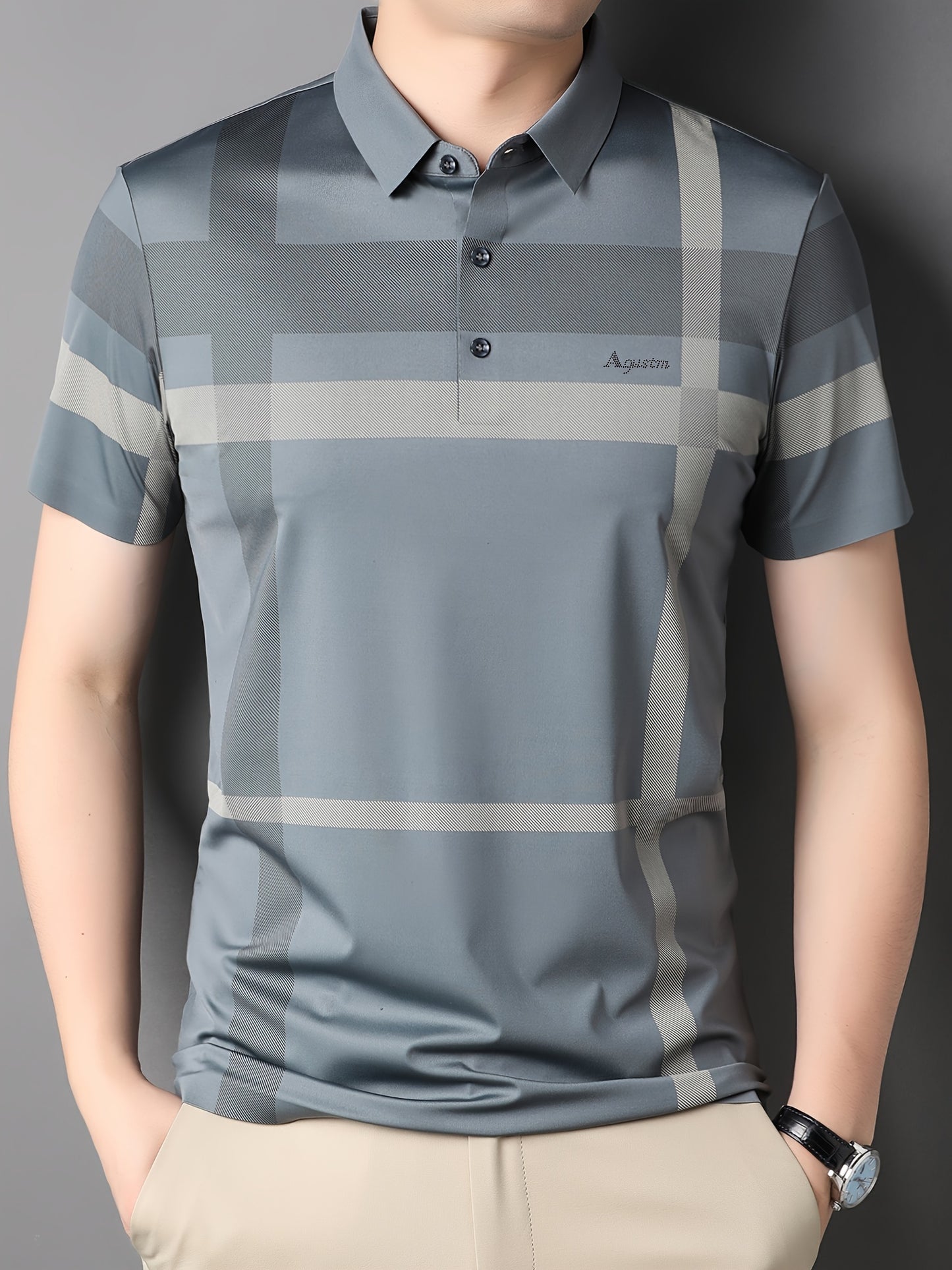 Summer New Men's Short Sleeve T-Shirt with Plaid Collar