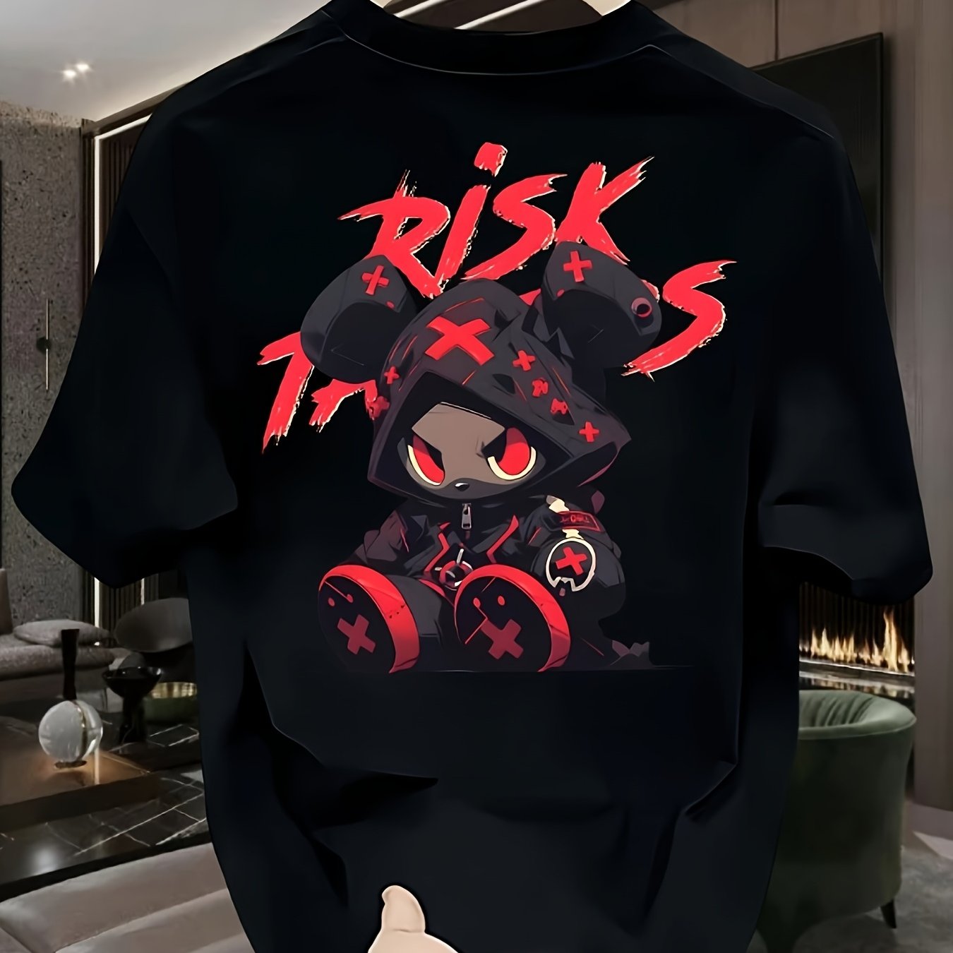 Men's Heavyweight 100% Cotton Oversized T-Shirt with RISK & Japanese Anime Graphic Print - Black & Red Gaming Design, Casual Summer Tee for Anime Fans, Large Size Loose Fit, Machine Washable, Ideal for Valentine's Day, Father