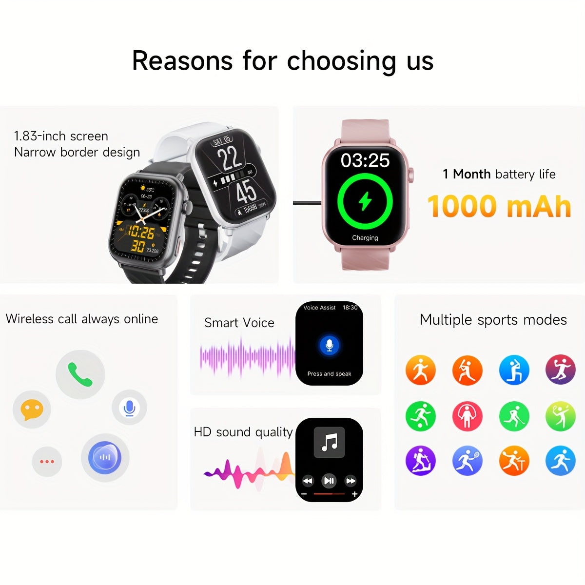 High-Quality Smartwatch with 1000 mAh Battery | 1.83-inch HD Touch Screen, Built-in Speaker, Multiple Sports Modes, Wireless Calls, Message Notifications, Music Player, Compatible with iPhone and Android, Perfect for Gifts