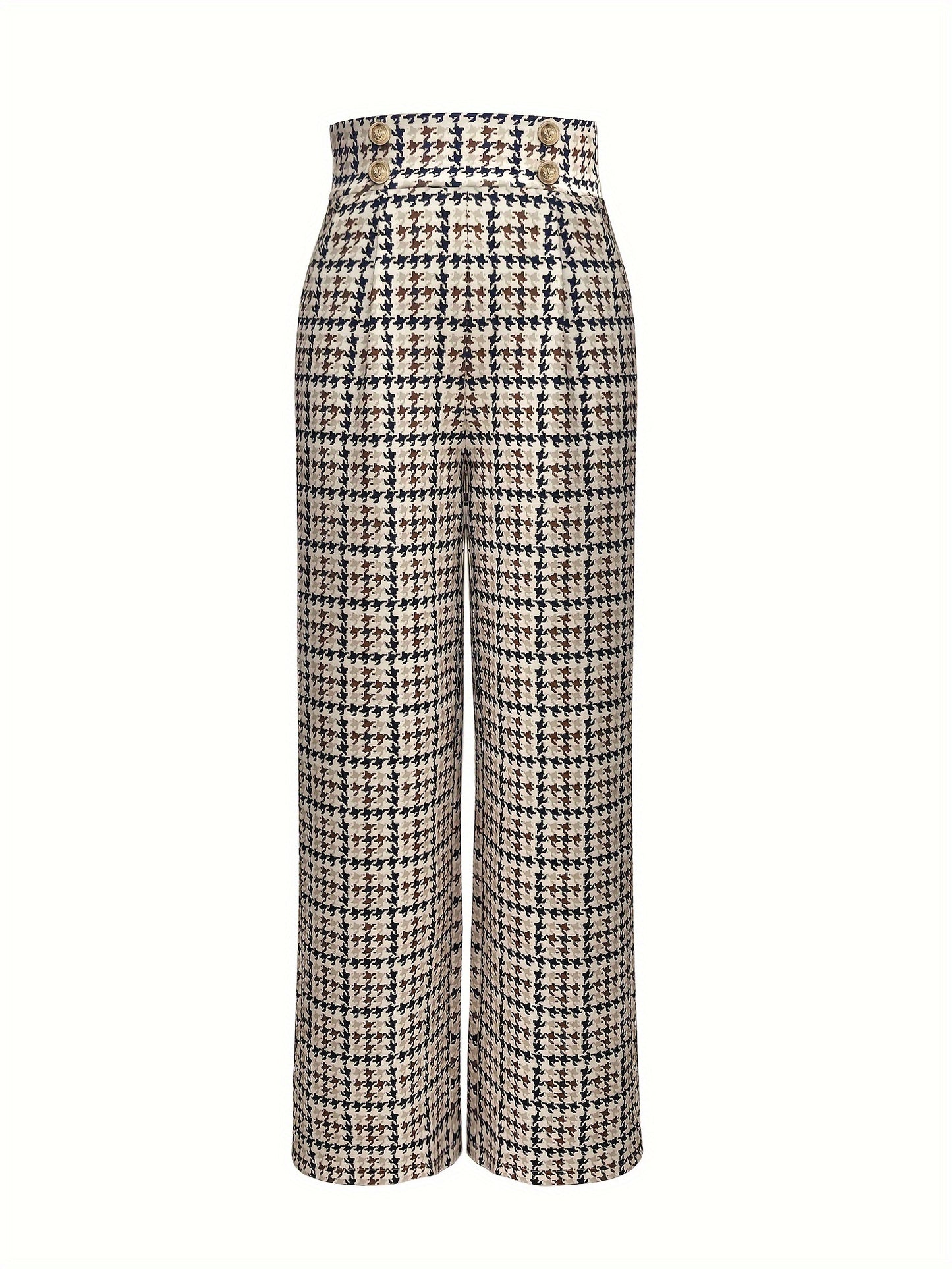 Pantalon Femme Élégant Taille Haute – Jambe Large, Motif Pied-de-Poule, Double Boutonnage, Beige et Noir, Bureau et Décontracté