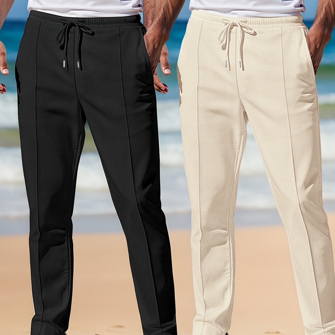 Joggers en tricot gaufré pour homme (2 pièces) – taille élastique avec cordon, pantalons légers et respirants, gris et bleu marine, idéals plage, running, extérieur et usage quotidien