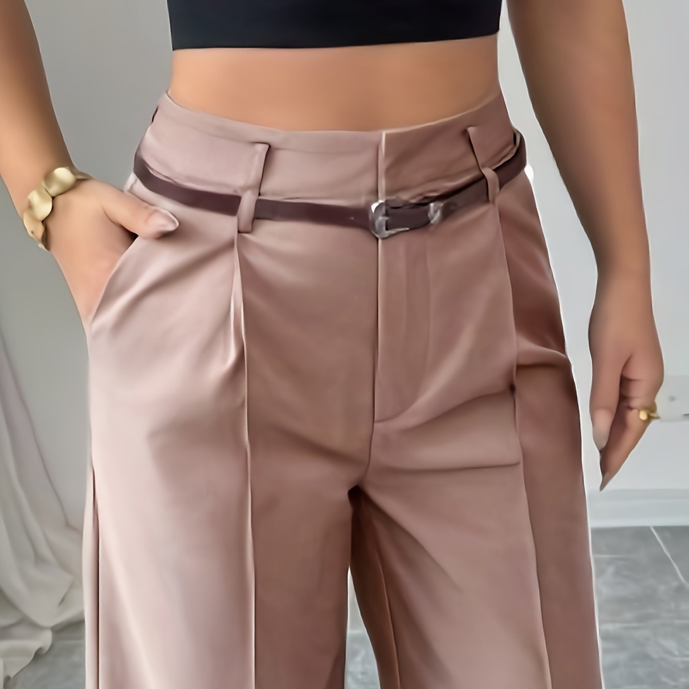 Pantalon Femme Noir Chic – Jambe Droite Taille Haute avec Ceinture Vintage, Bureau et Décontracté, Printemps/Été/Automne