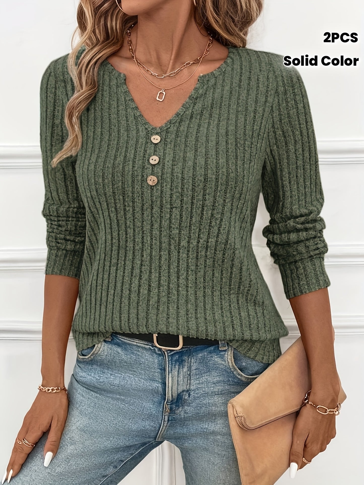 Ensemble 2 pièces pour femmes – T-shirts à manches longues, col en V, côtelé, couleur unie, automne