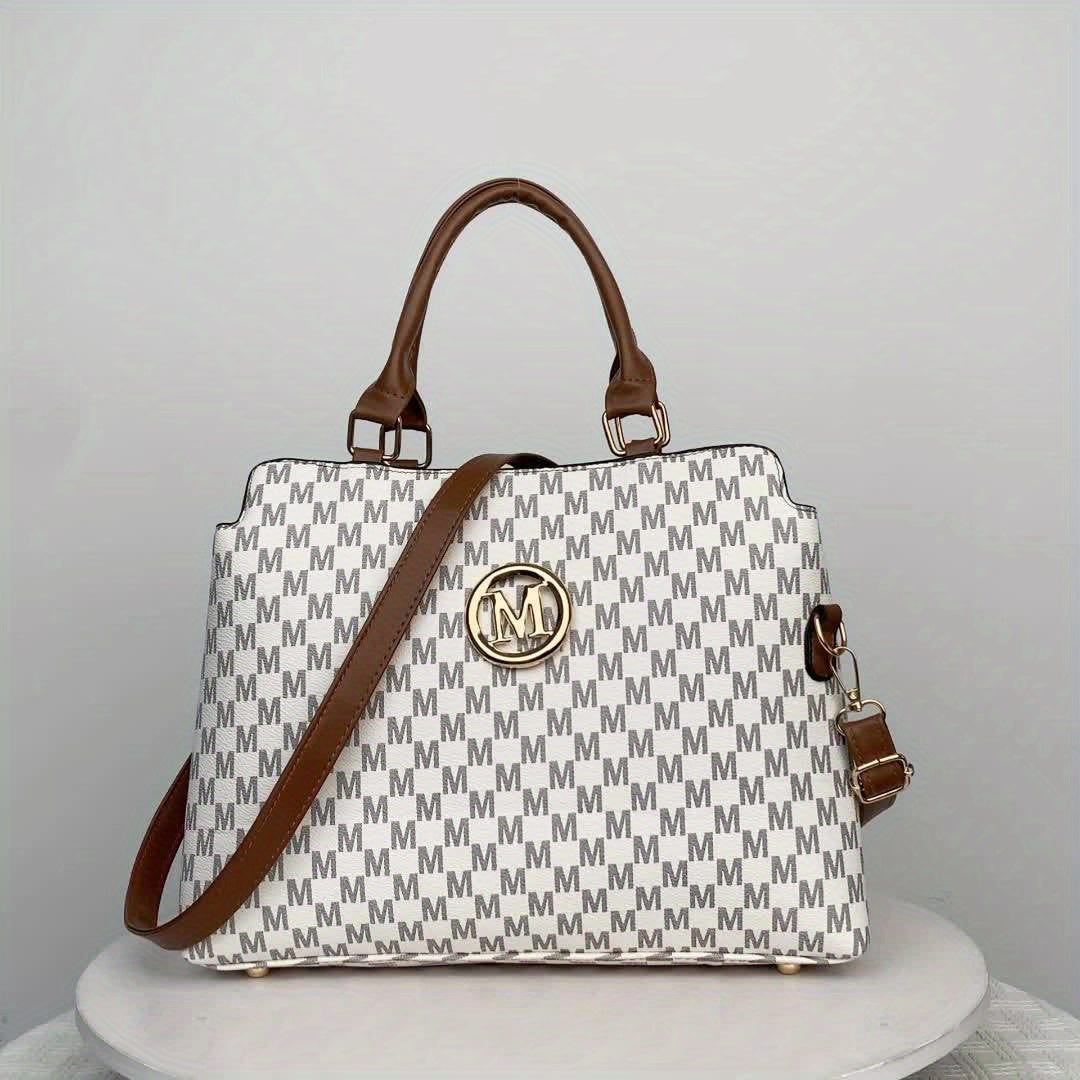 Sac rétro Pied-de-poule femmes blanc et marron logo doré M bandoulière réglable élégant