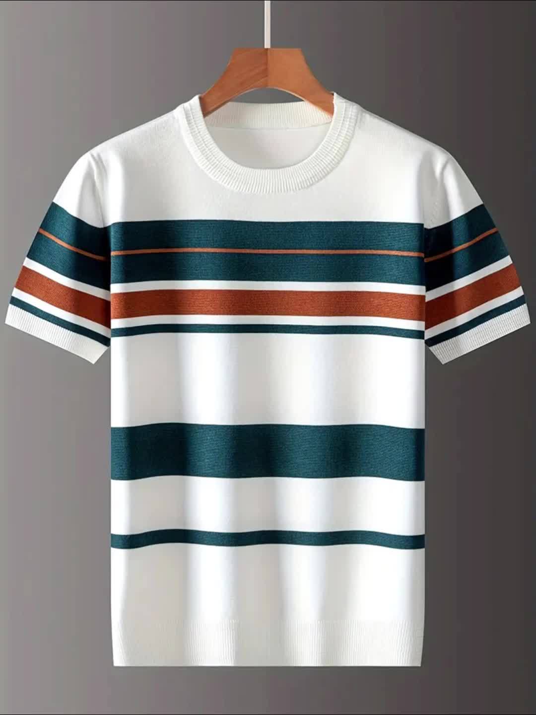 New Men'S Short-Sleeve Knitted T-Shirt for Summer, Trendy Brand with a Round Neck, Stylish Casual Striped Tee, Fashionable Men'S Clothing.