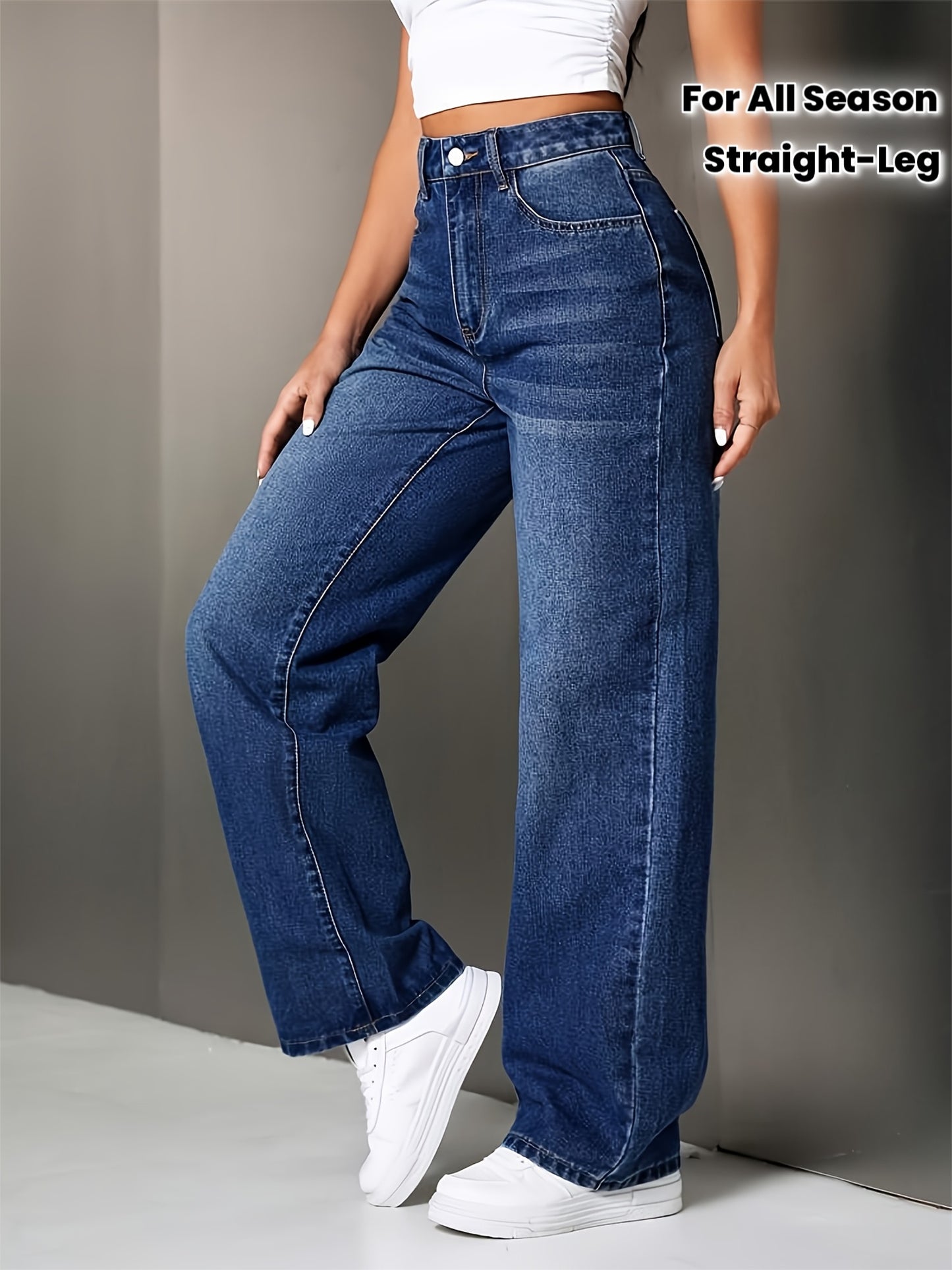 Jean Femme Taille Haute Élastique – Pantalon Droit Fuselé avec Fermeture Éclair, Style Décontracté ou Formel Toutes Saisons, Couleur Bleu Marine