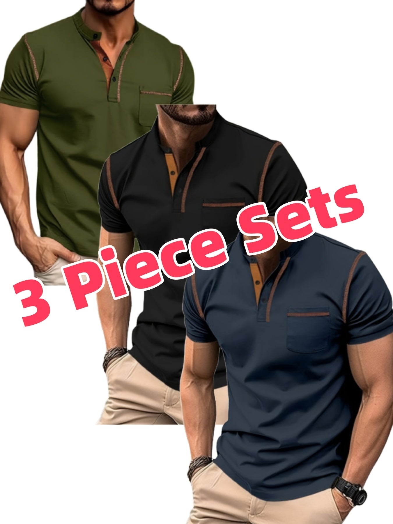 Lot de 3 Henley Manches Courtes – Tops Casual Golf & Tennis