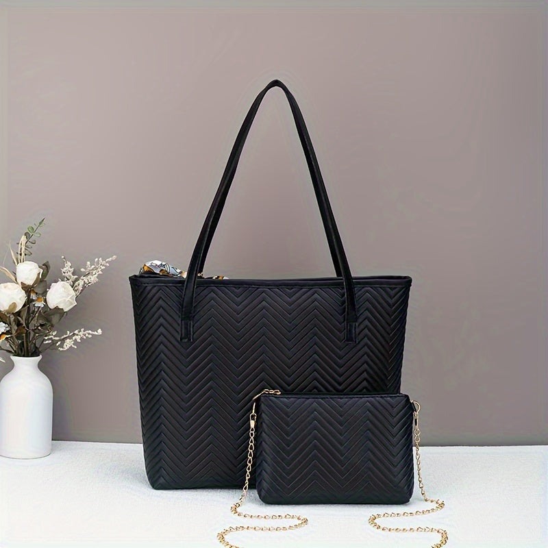 Ensemble deux pièces élégant – sac fourre-tout embossé motif vague avec compartiment tablette, sac bandoulière pour trajets quotidiens, léger, fermeture zippée, simili cuir noir/blanc, plat et portable