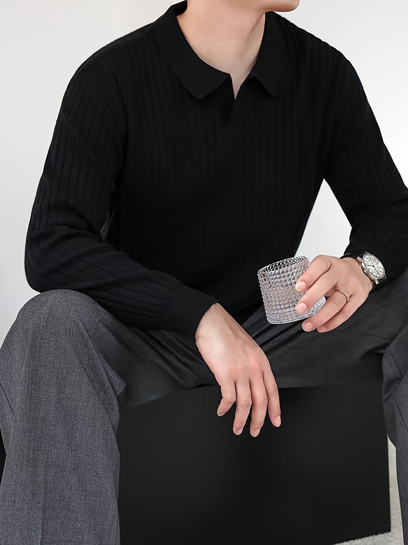 Iron Genghis OBM Men's Casual Long Sleeve Knit Sweater - Solid Color Ribbed Collar & Cuffs, High Elasticity Ribbed Texture, Regular Fit Autumn Winter Pullover, Ribbed Sweater, Everyday Pullover, Stylish Pullover, Highelastici