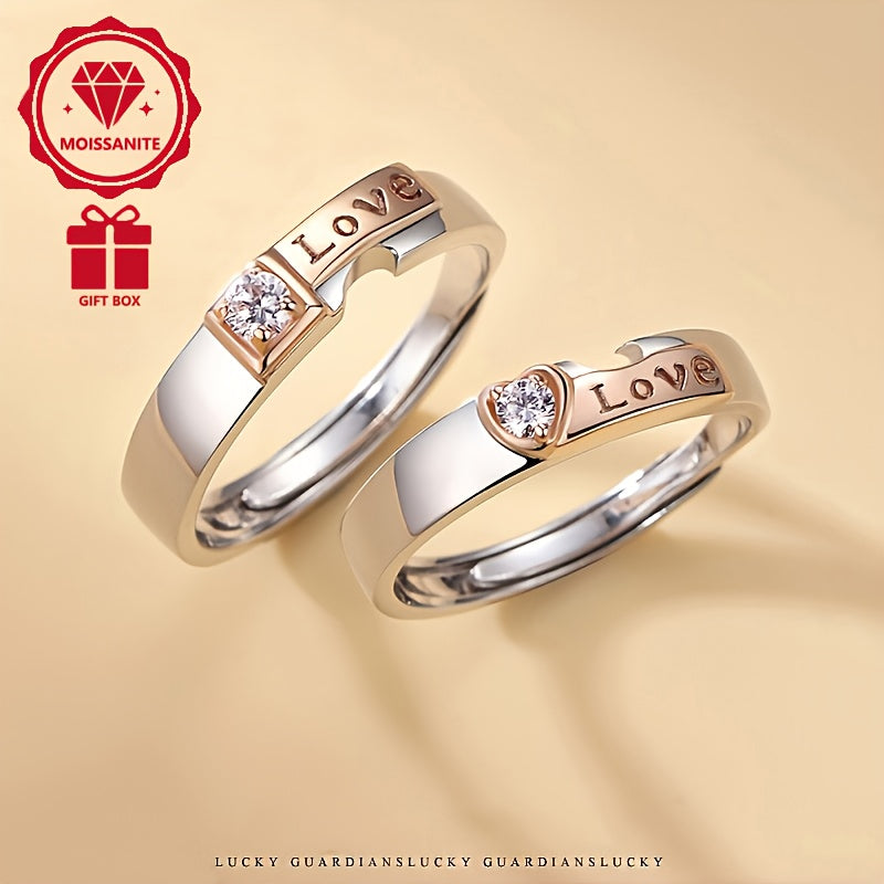 1ct Moissanite S925 Silver Plated Couple Rings, Elegant Bohemian Style, Heart-Shaped LOVE Design, Valentine'S Day Gift, Music Festival Accessory, Spring Season Jewelry, Copper Material, with Gift Box, Couple Ring, Engagement