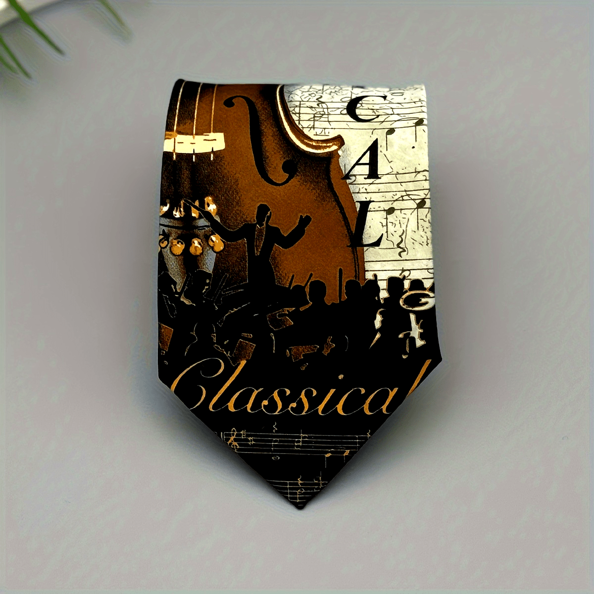 1pc Cravate Homme – Motif Violon et Notes de Musique, Polyester, Marron & Noir, Pour Tenues Formelles