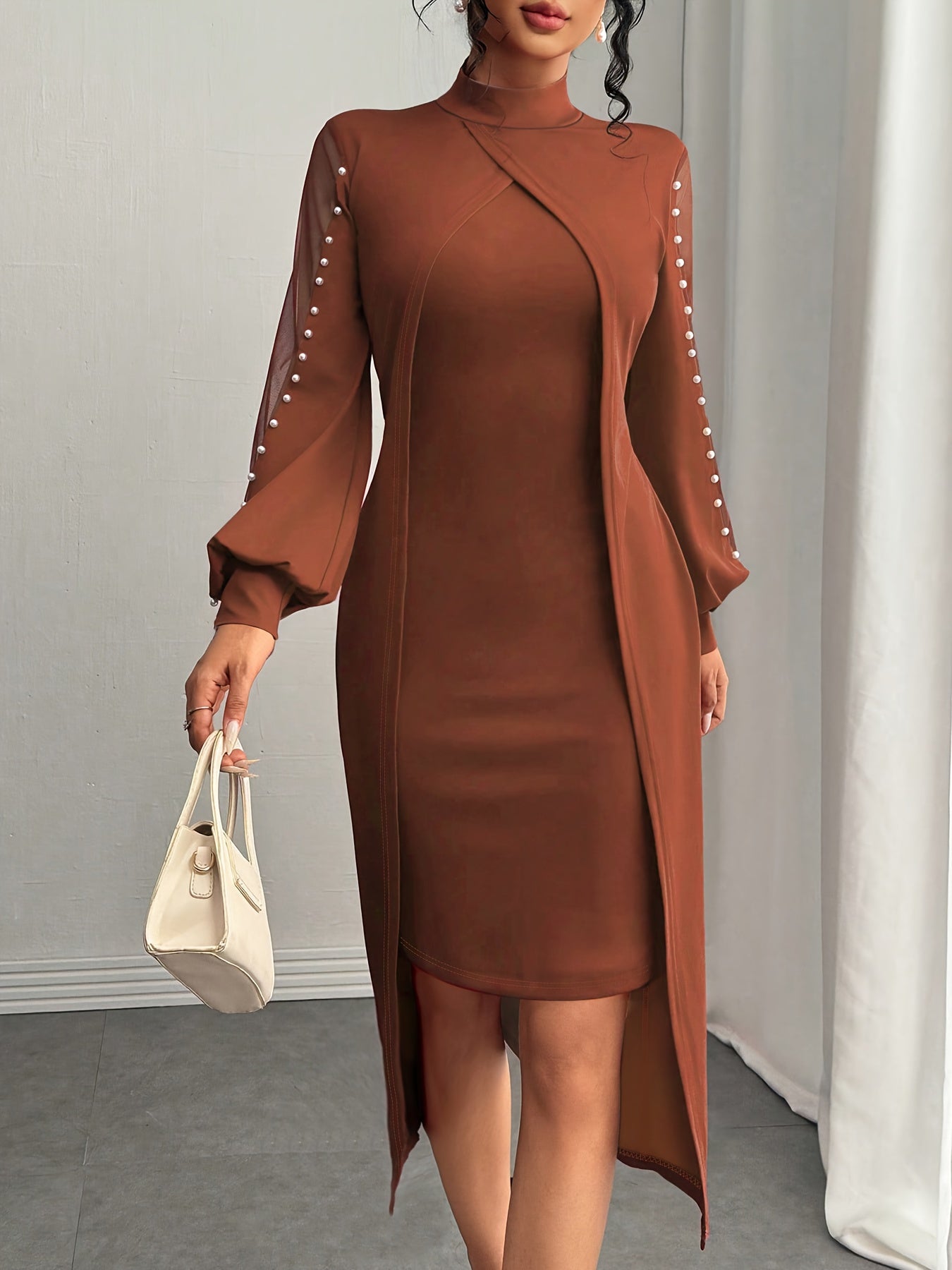 Robe Longue Grande Taille Élégante – Marron/Rouge, Coupe Flatteuse, Idéale Soirées, Bureau et Tenues Automne/Hiver