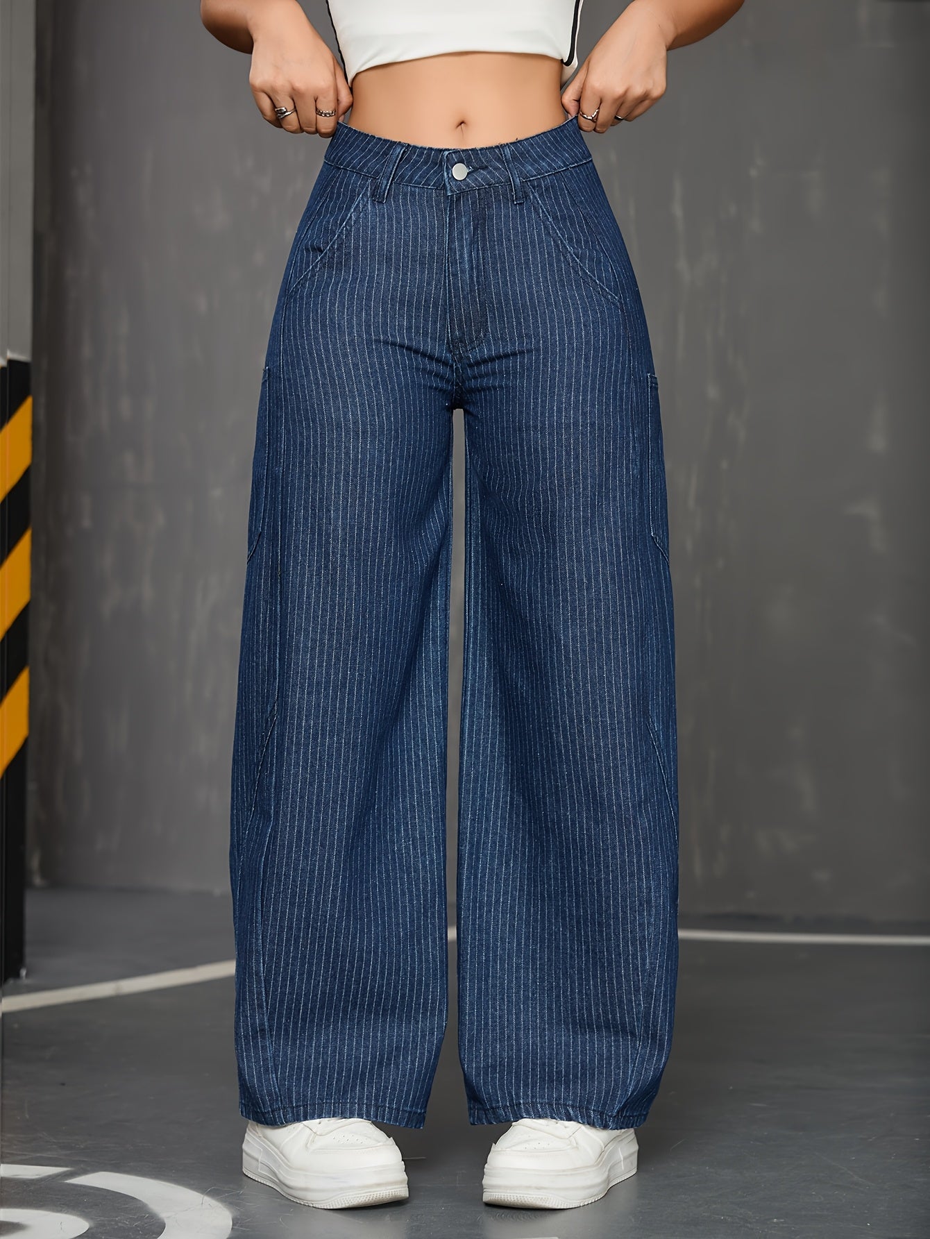 Jeans femmes taille haute, jambe large, coupe droite détendue, fermeture éclair, ceinture non incluse, denim non extensible, pantalon rayé vertical anti-froissement pour tenue casual et formelle