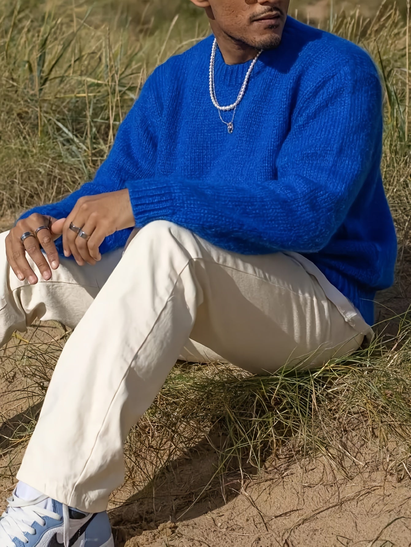 Unisex Casual Knit Sweater - Loose Fit, Long Sleeve, Round Neck, Solid Color Blue, Perfect for Fall/Winter Fashion, Essential for Casual Attire, Ribbed Texture, Machine Washable, Ribbed Sweate